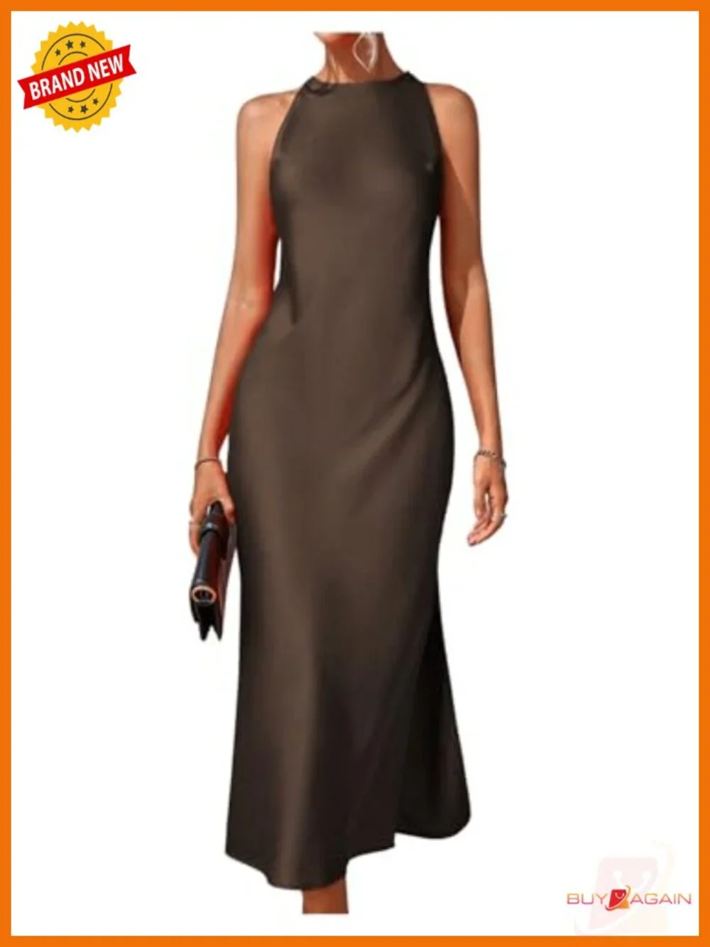 Women's Elegant Maxi Slit Cocktail Dress Sleeveless Crew Neck Button Back